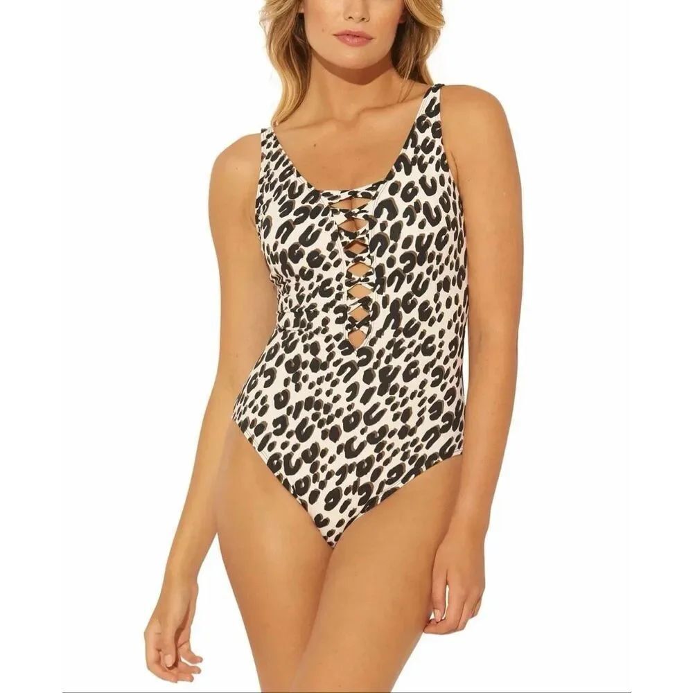 BLEU Rod Beattie Skin Games Lace-Up One-Piece Swimsuit in Leopard Print Size 14